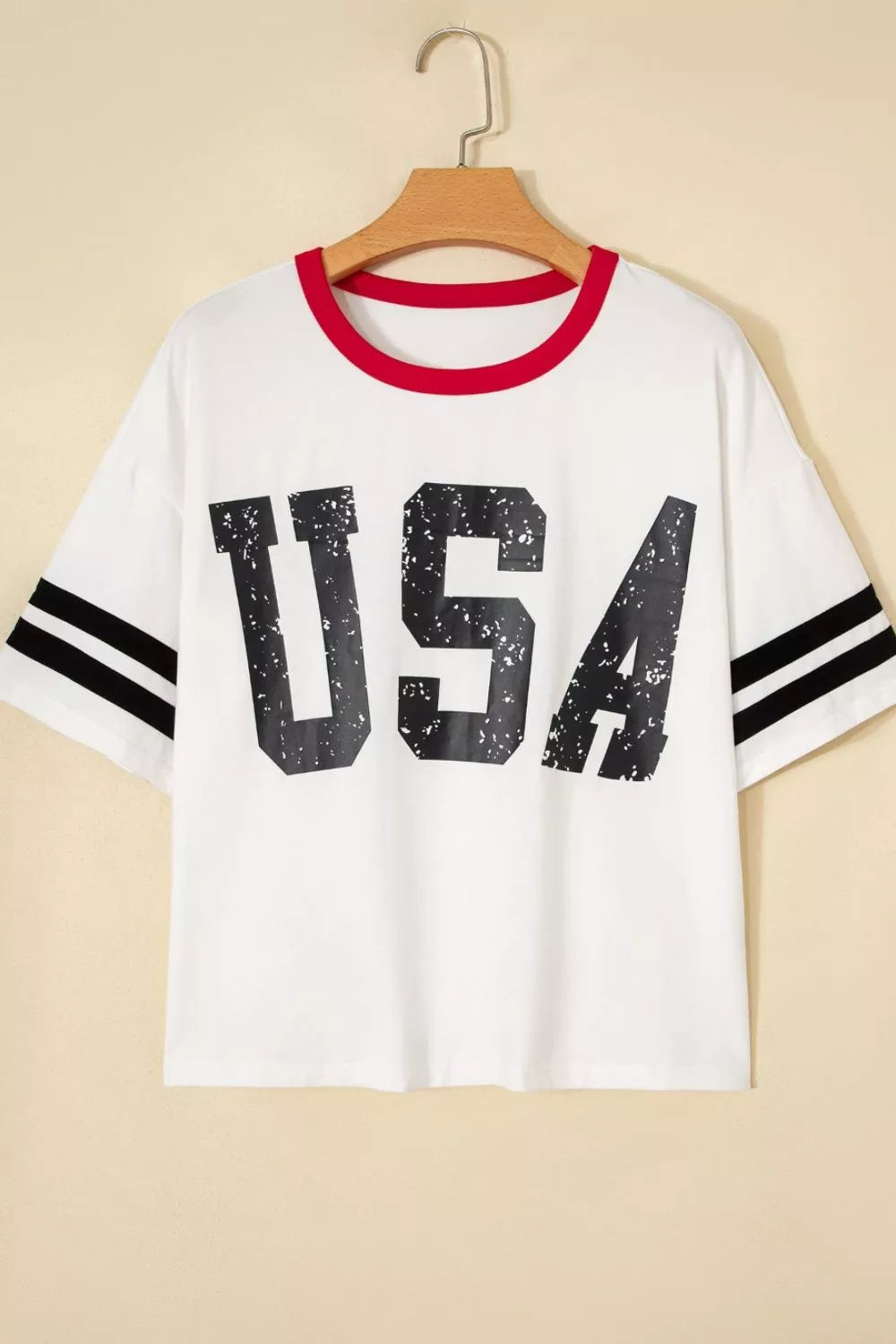 USA Letter Printed Varsity Striped Sleeve Round Neck Tee New Era Fashion LLc