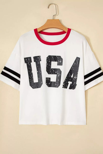 USA Letter Printed Varsity Striped Sleeve Round Neck Tee New Era Fashion LLc