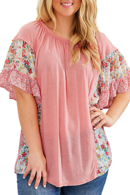 Pink Plus Size Floral Patchwork Ruffle Short Sleeve Blouse Garden Naked Curves