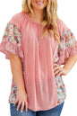 Pink Plus Size Floral Patchwork Ruffle Short Sleeve Blouse Garden Naked Curves