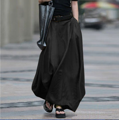 Women's High-Waist Flared Maxi Skirt – Solid Color Cotton Linen with Pockets FitiqueFit