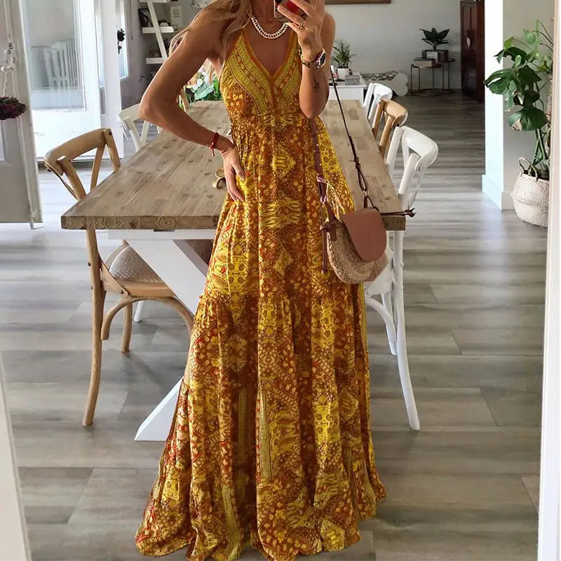 Bohemian High Waisted V-neck Floral Dress