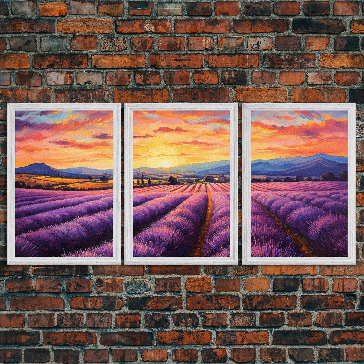 Purple Lavender Fields, 3 Piece Wall Art, Framed Canvas Print, Beautiful Original Landscape Painting, Sunset Painting, Farmhouse Decor NuevArt