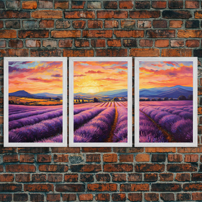 Purple Lavender Fields, 3 Piece Wall Art, Framed Canvas Print, Beautiful Original Landscape Painting, Sunset Painting, Farmhouse Decor NuevArt