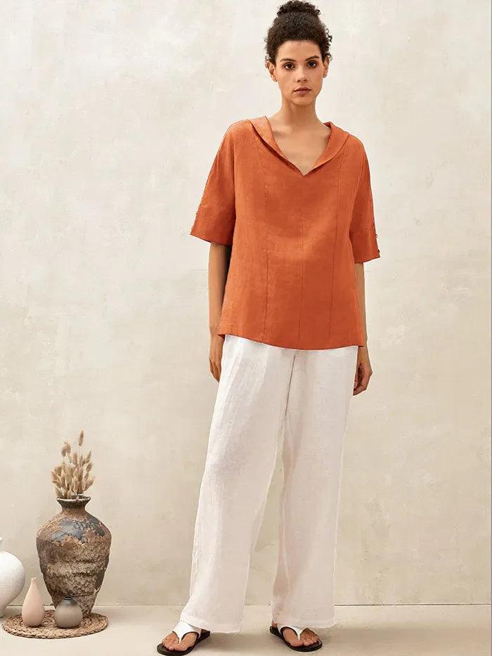 100% Linen V-Neck Short Sleeve Shirt SIERRA LINTICO