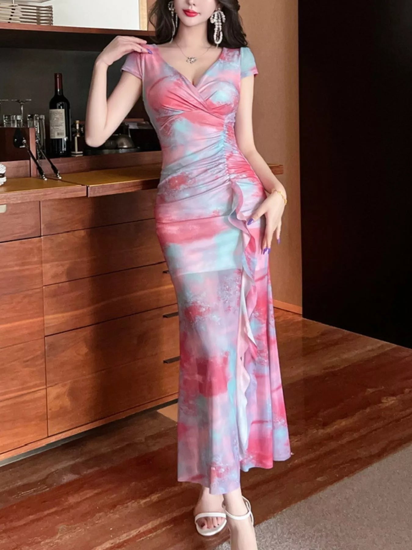 Tie-Dye Surplice Ruffle Slit Dress New Era Fashion LLc