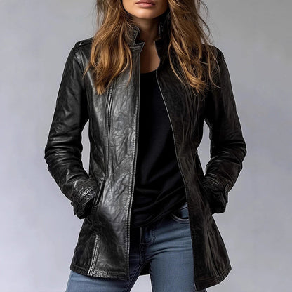 Vintage Style PU Jacket — Mid-Length Open Cardigan Leather Coat with Pockets FitiqueFit