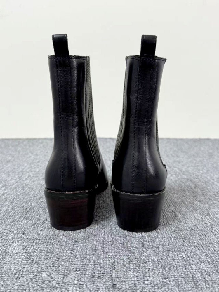 Women’s Retro Square-Toe Mid-Heel Chunky Leather Boots FitiqueFit