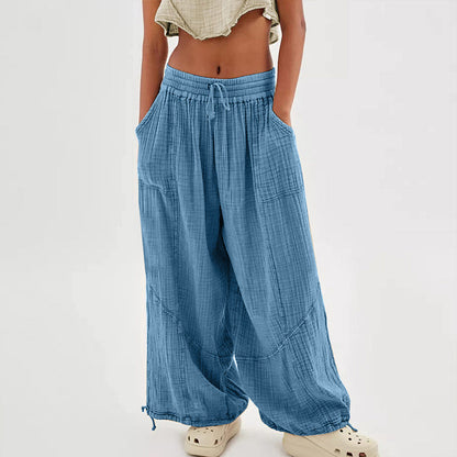 Women’s Solid Color Wide Leg Pants – Elastic Drawstring Waist and Side Pockets FitiqueFit