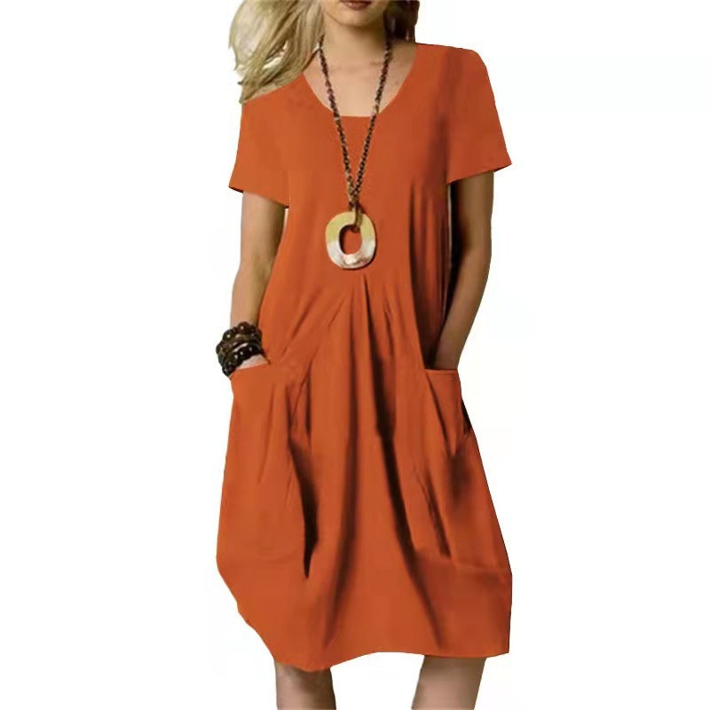Cotton And Linen Solid Color Loose Round Neck Short Sleeve Dress Grayceful LLC