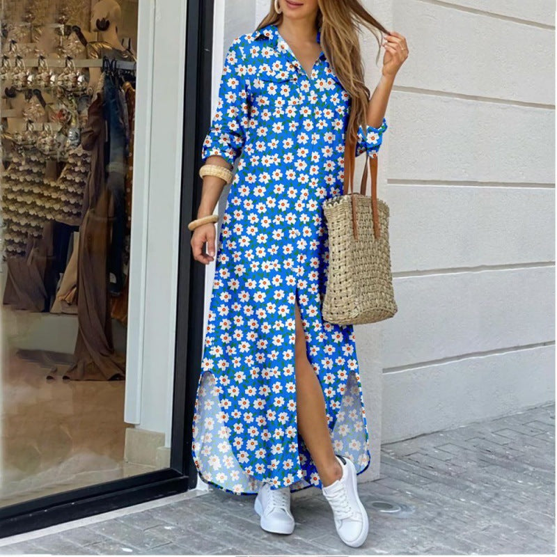 Women's Lapel-Collar Long Shirt Dress – Floral Print Midi Relaxed Fit FitiqueFit