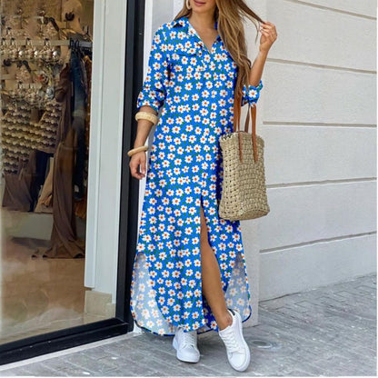 Women's Lapel-Collar Long Shirt Dress – Floral Print Midi Relaxed Fit FitiqueFit
