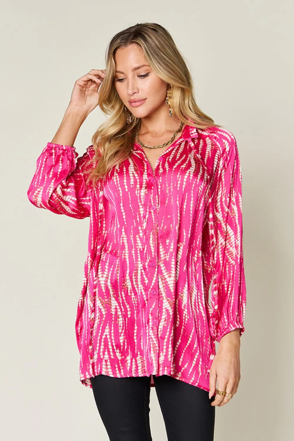 Double Take Full Size Printed Button Up Long Sleeve Shirt New Era Fashion LLc