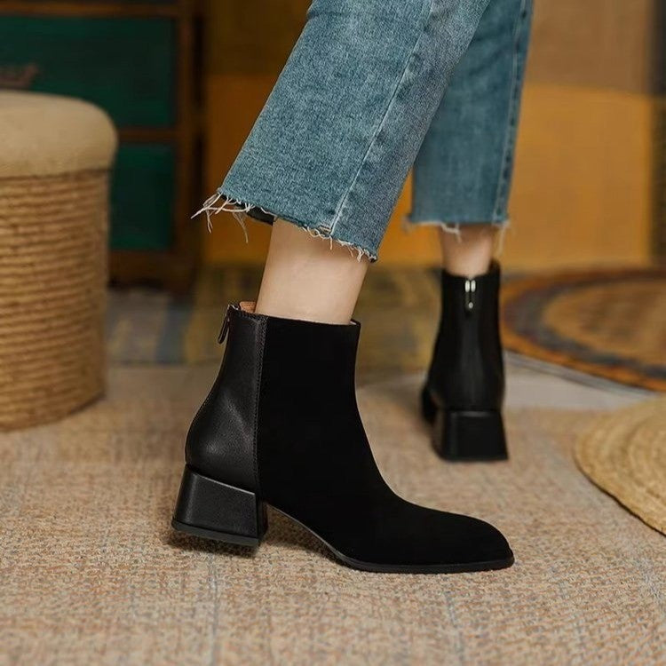 Women’s Suede Mid-Heel Martin Boots – Chic Casual Ankle Boots FitiqueFit