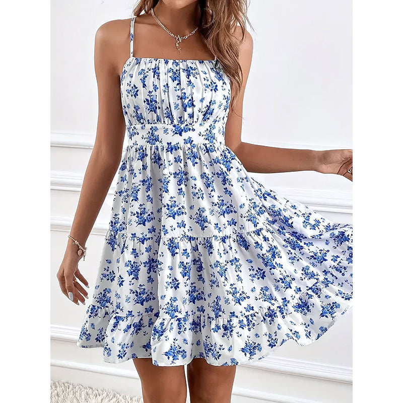 Floral Print Smocked Mini Dress Spaghetti Strap Slim Fit Flowy Dresses FitiqueFit
