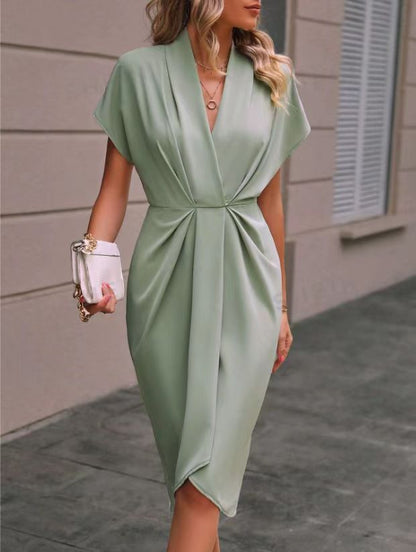Batwing Sleeve Dress V-neck Short Sleeve Pleated Dresses Grayceful LLC