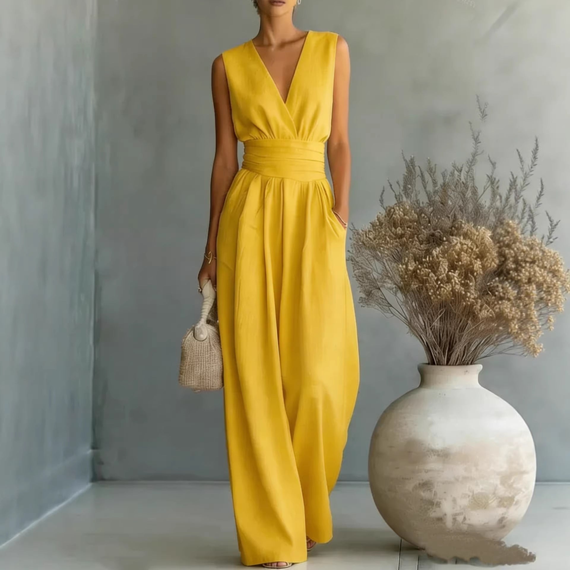 Women's Elegant V-Neck Sleeveless Jumpsuit – Waist-Cinching Straight Leg FitiqueFit