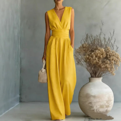 Women's Elegant V-Neck Sleeveless Jumpsuit – Waist-Cinching Straight Leg FitiqueFit