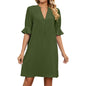 European American Summer New Solid Color And V-neck Loose Pleated Half-length Sleeve Dress Grayceful LLC