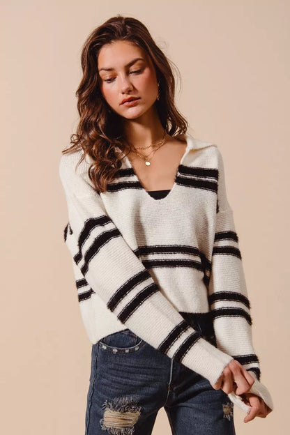 SO ME Fuzzy Hairy Stripe Deep U Neck Swetaer West2East Surf