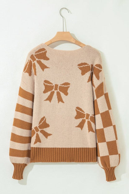 Bow Checker Stripe Patchwork Sleeve Sweater Shop Style & More | Fresh Looks, Everyday Deals & Free Shipping