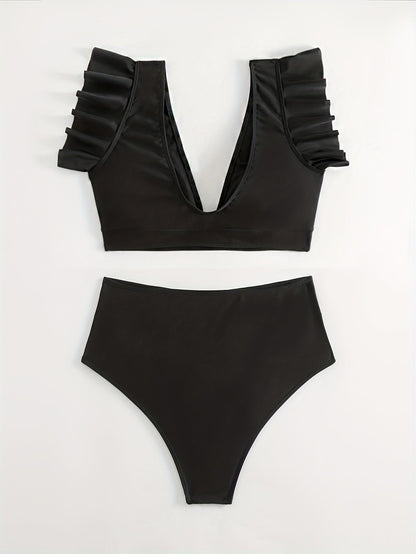 Bikini Black Solid Color Ruffle V Neck 2 Piece Swimsuit for Women – High Waisted Flattering Bikini Set with Lettuce Trim Bottoms – Sleek Stretchy Fabric Swimwear for Beach Days Poolside Style and Summer Vacation Looks Stevvex