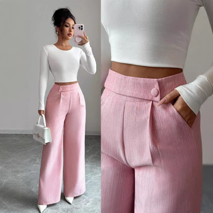 Women's High-Waist Straight-Leg Pants – Solid Color Button Detail Full Length FitiqueFit