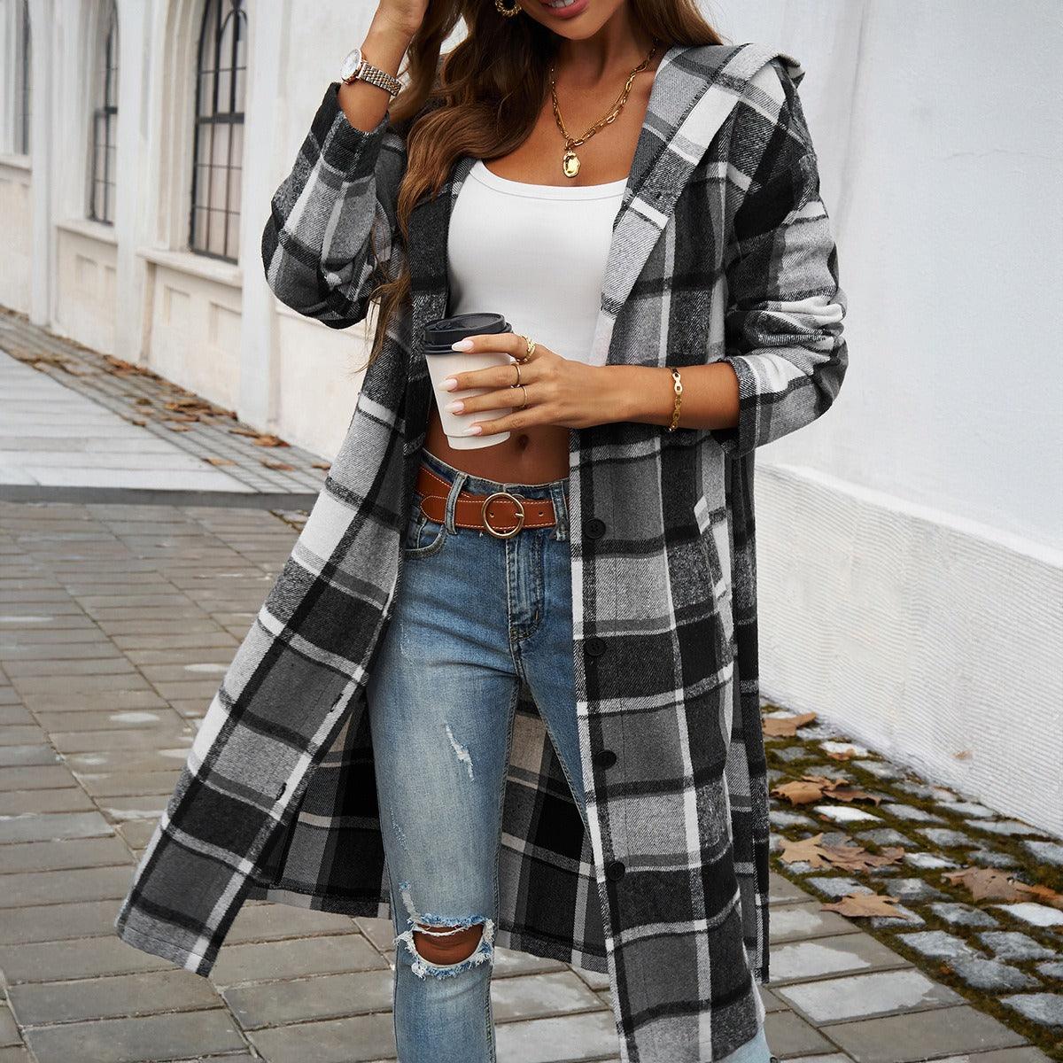 Contrasting Color Hooded Jacket – Stylish Cowgirl Outerwear with Checkered Pattern Country in My Heart