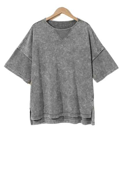 Light Grey Mineral Wash Drop Sleeve Patchwork Plus Size Tee Garden Naked Curves