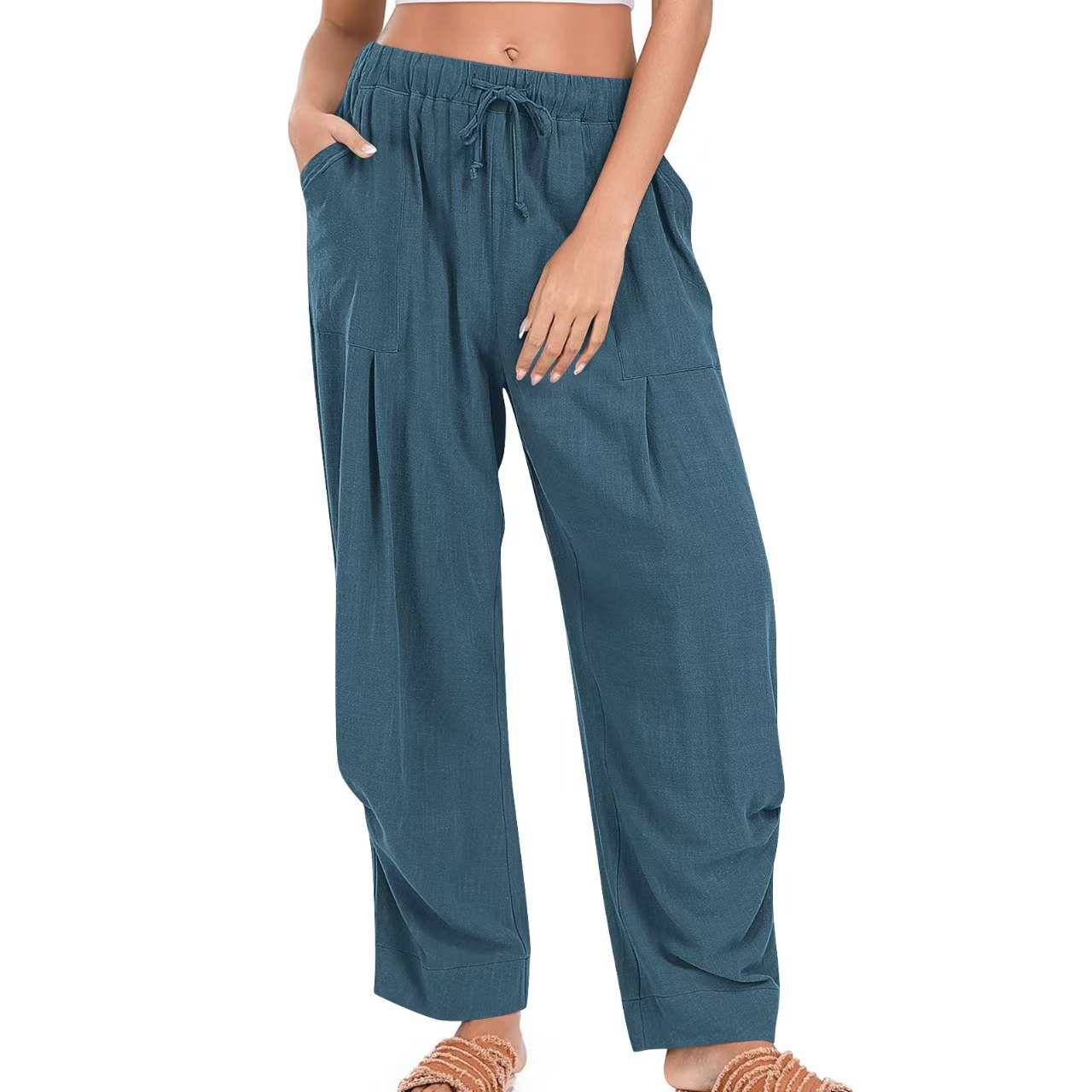 Womens Solid-Color Cotton-Linen Casual Loose Straight Pockets Lounge Pants With Drawstring See size chart under “more details” The Fashion Celestial