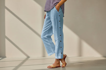 Cropped Pants With Decorative Buttons Along the Side Seams FitiqueFit