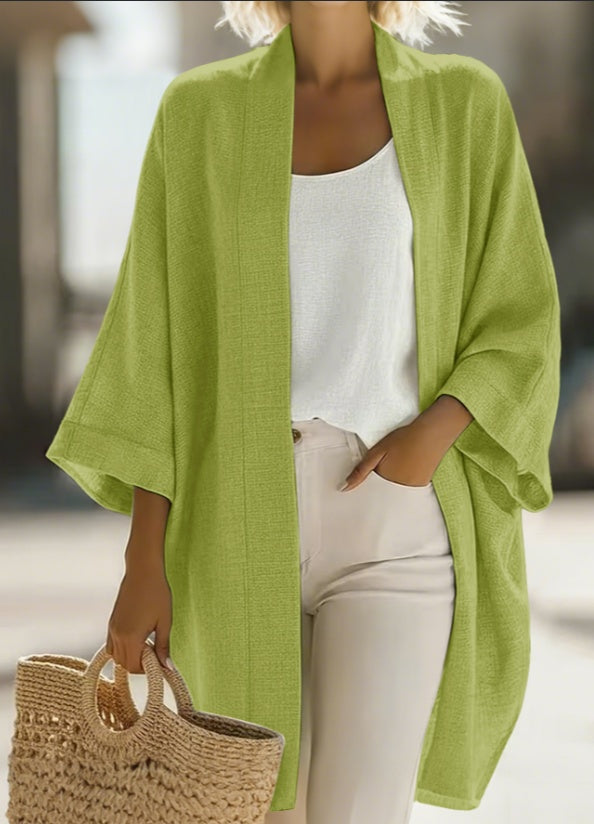 Women's Japanese Linen-Blend Kimono Cardigan – Open Front 3/4 Sleeve FitiqueFit