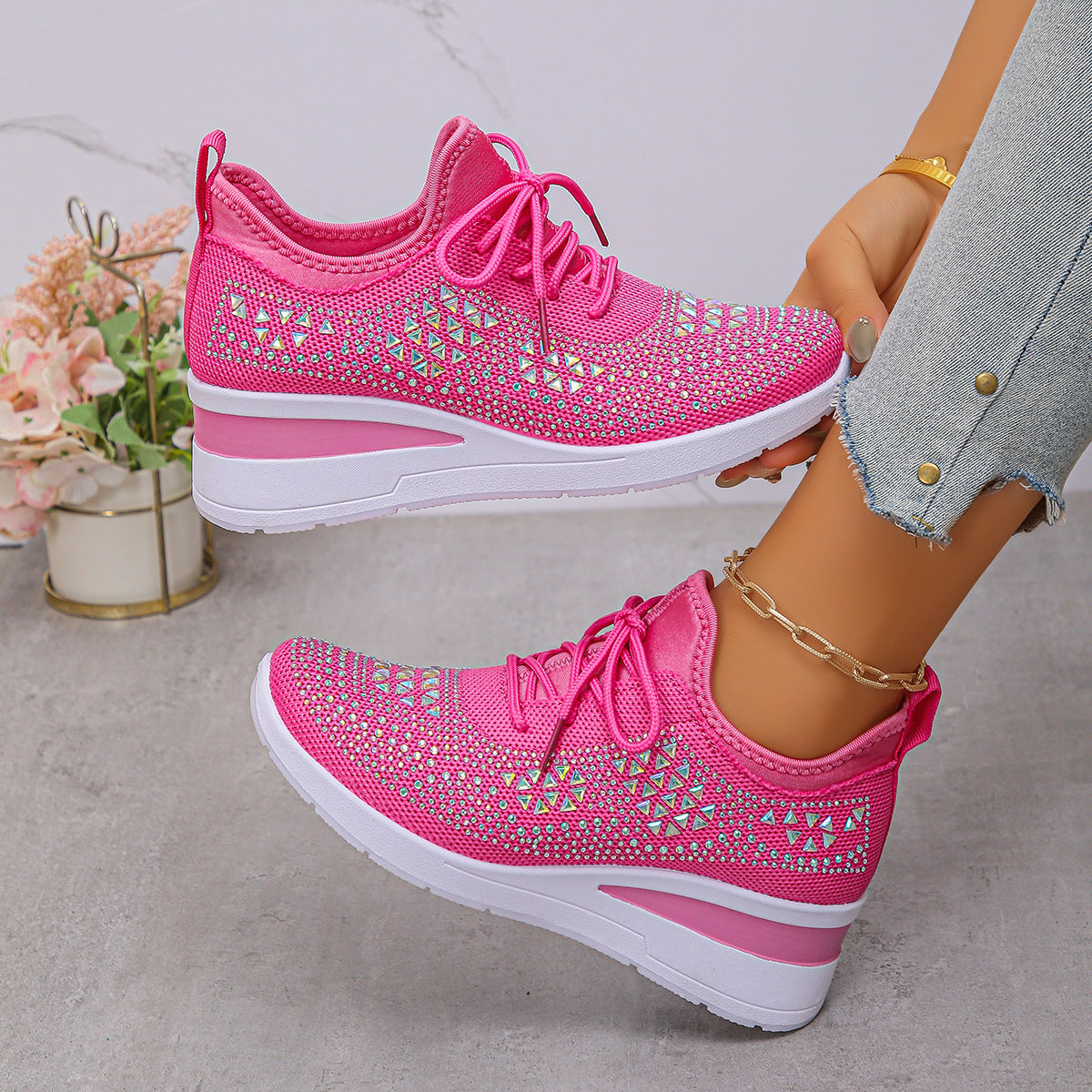 Ins Rhinestone Sneakers Fashion Lace Up Wedges Casual Shoes Women's Daily Commuting Sports Shoes See size chart under “more details” The Fashion Celestial