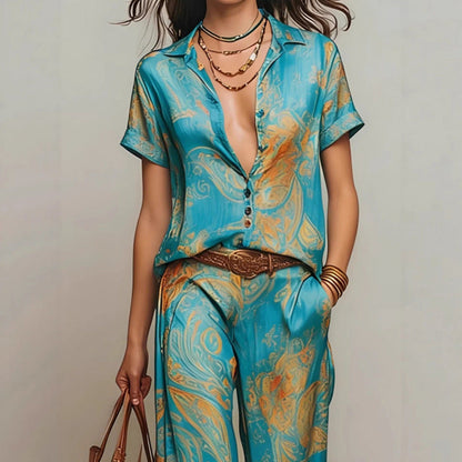 Women's Bohemian Printed Resort Two-Piece Set – 3/4 Sleeve Shirt & Pants FitiqueFit