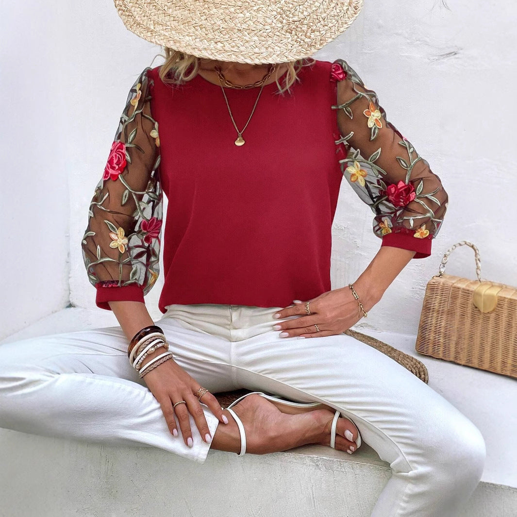 Women's Mesh Patchwork Three-Quarter Sleeve Top – Casual Chic FitiqueFit