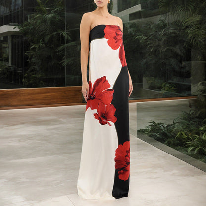 Contrast Color Sleeveless Print Tube Top Length Dress Grayceful LLC