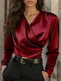 Women's Elegant Cross V-Neck Blouse, Ruffle Detail Button Accent Office Shirt FitiqueFit