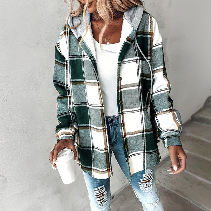 Women's Plaid Hoodie Long Sleeve Jacket With Pocket FitiqueFit