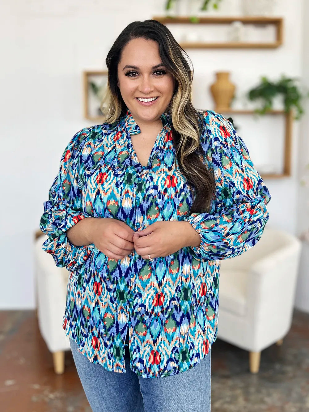 Double Take Full Size Printed Balloon Sleeve Blouse New Era Fashion LLc
