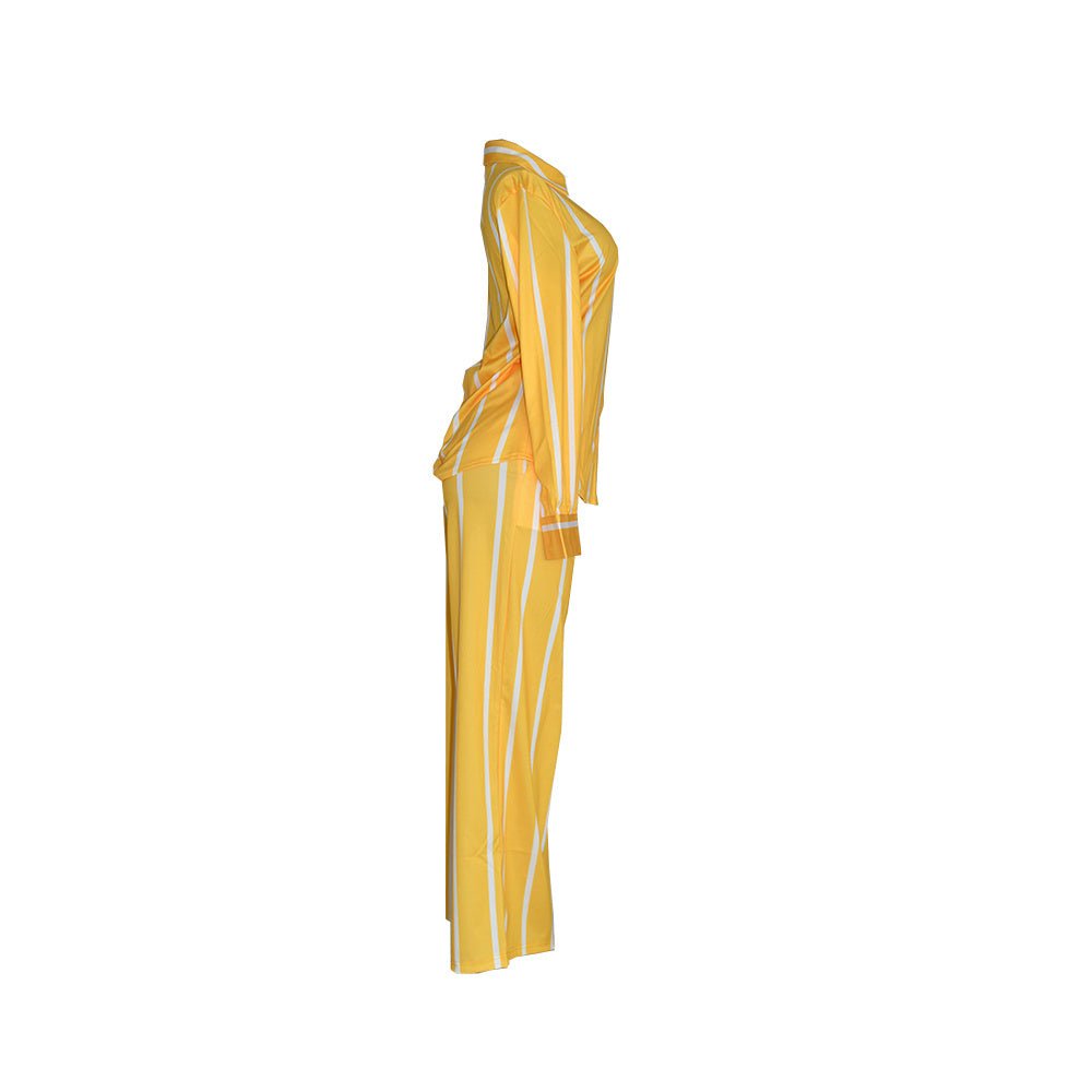 Women's Striped Print Two-piece Set - Button Front Collar Long Sleeve Shirt & High Waist Wide Leg Loose Pants Set - Casual Style - For Women - Perfect for Everyday Wear & Loungewear - Great Gift for Fashionable Women NovaCart