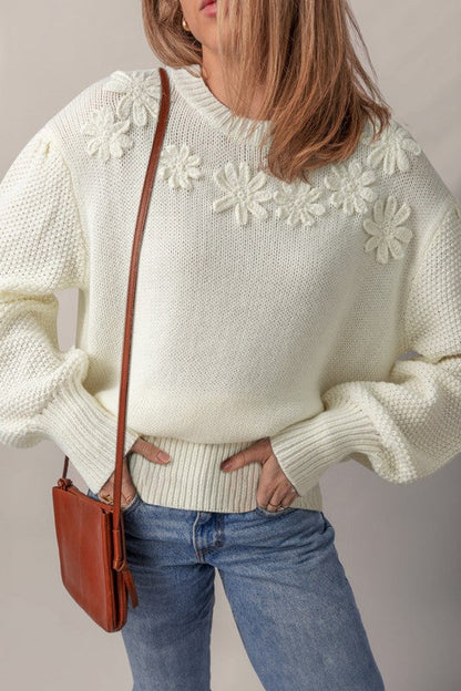 Floral Textured Puff Sleeve Round Neck Sweater Shop Style & More | Fresh Looks, Everyday Deals & Free Shipping