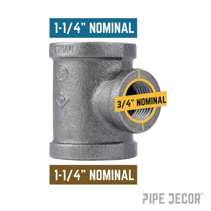 1 1/4 in. x 1 1/4 in. x 3/4 in. Black Reducing Tee PIPE DECOR