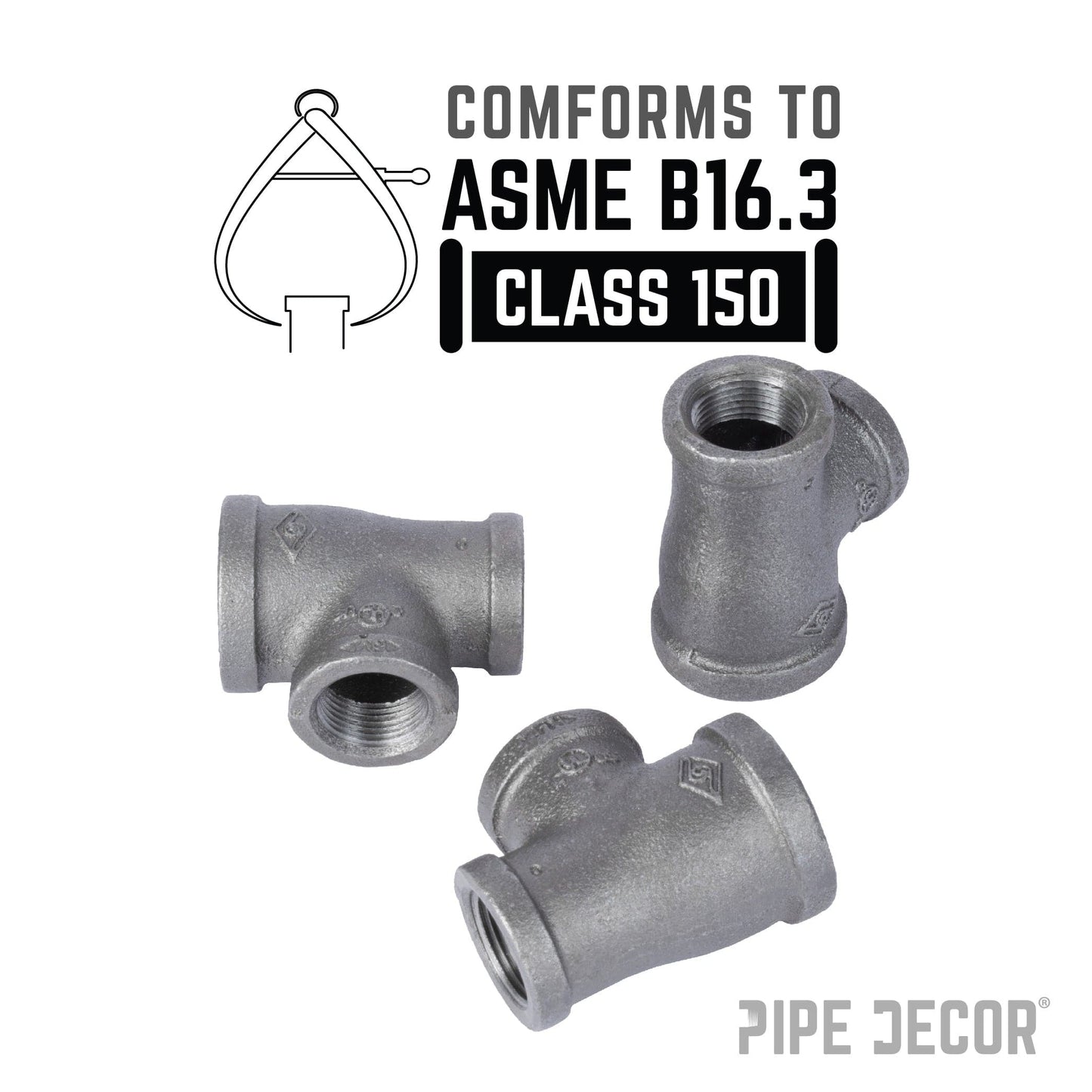 2 in. x 1 1/2 in. x 1 1/2 in. Black Reducing Tee PIPE DECOR