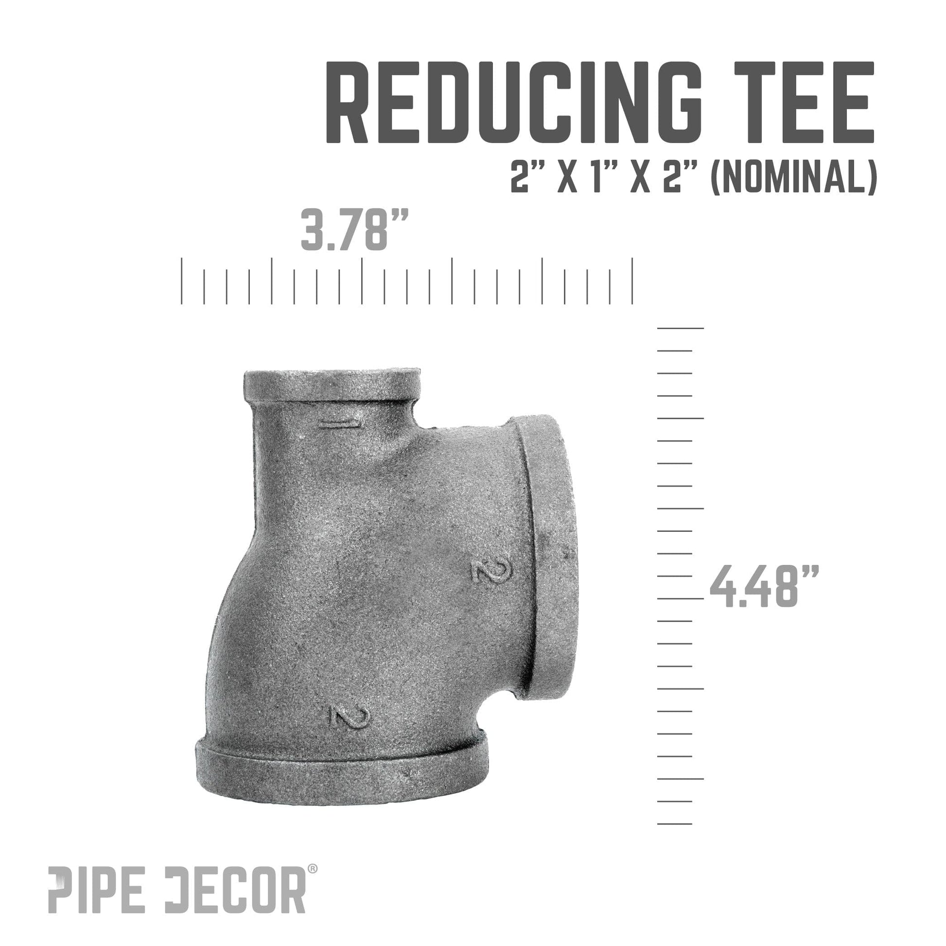 2 in. x 1 in. x 2 in. Black Reducing Tee PIPE DECOR