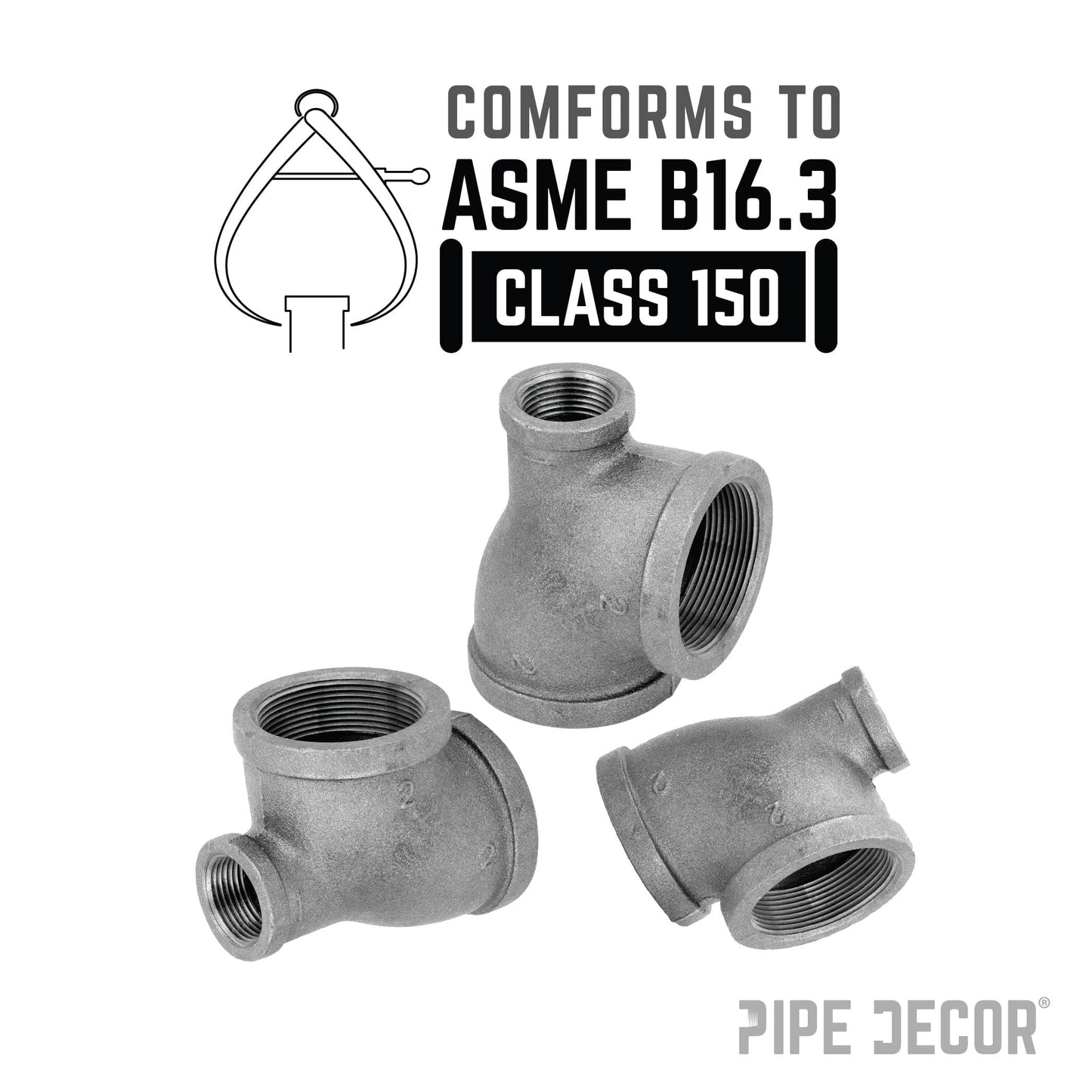 2 in. x 1 in. x 2 in. Black Reducing Tee PIPE DECOR