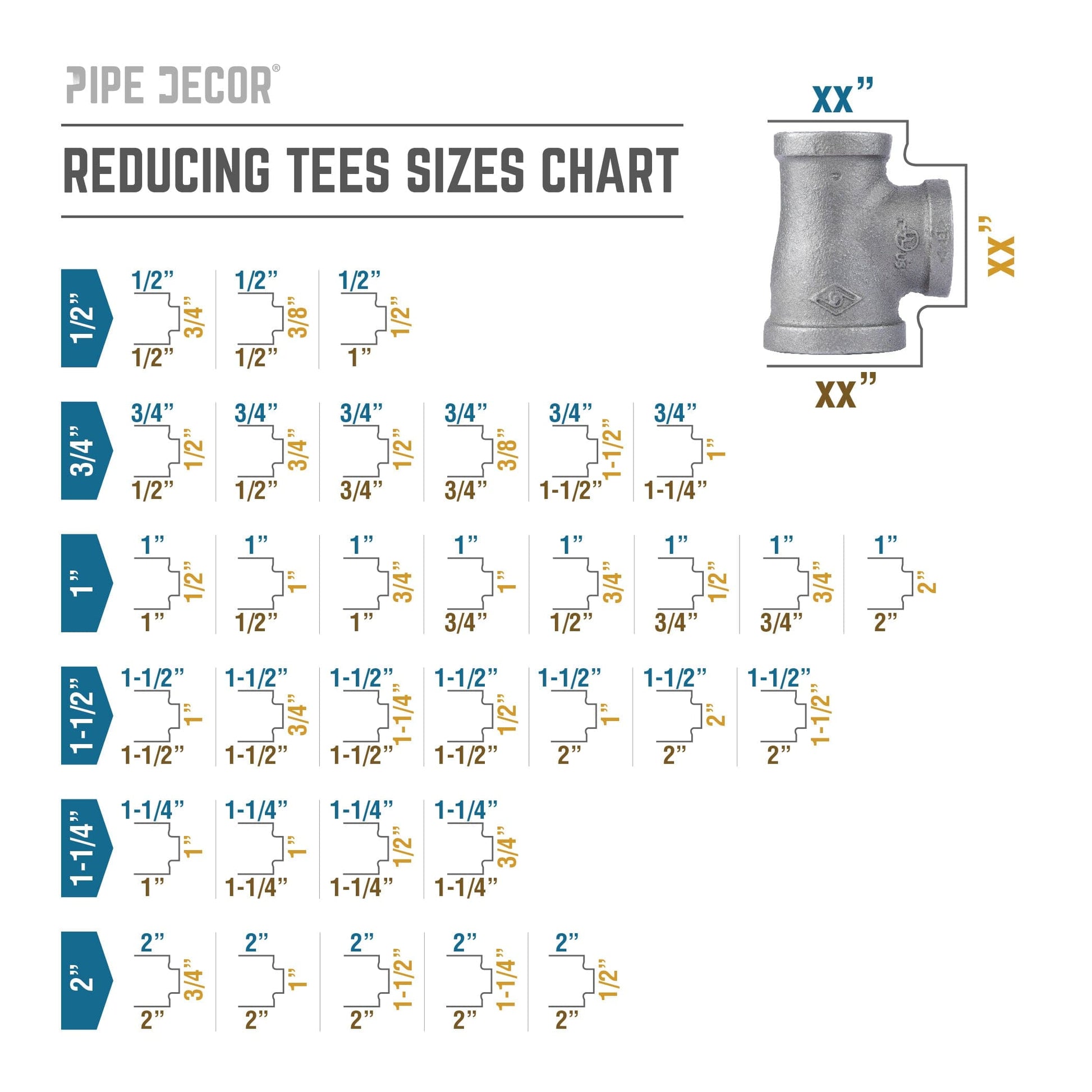 2 in. x 1 in. x 2 in. Black Reducing Tee PIPE DECOR