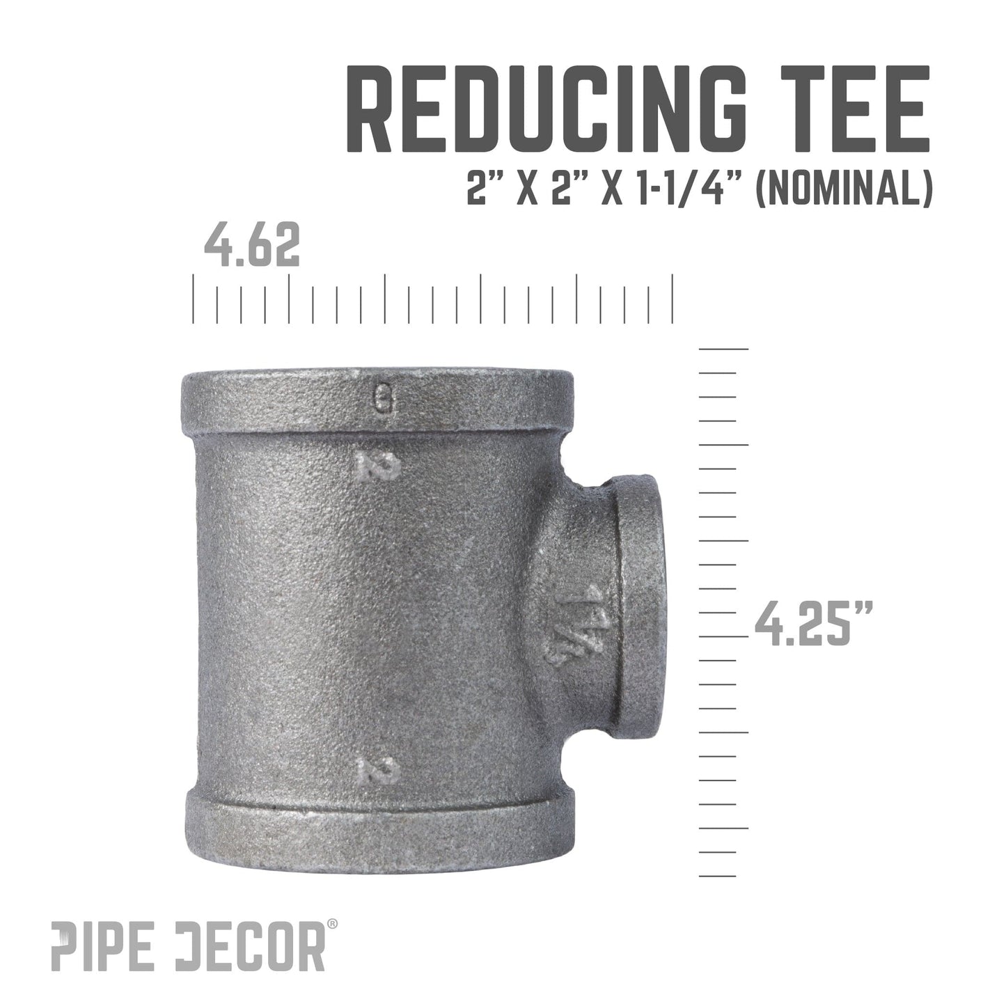 2 in. x 2 in. x 1 1/4 in. Black Reducing Tee PIPE DECOR