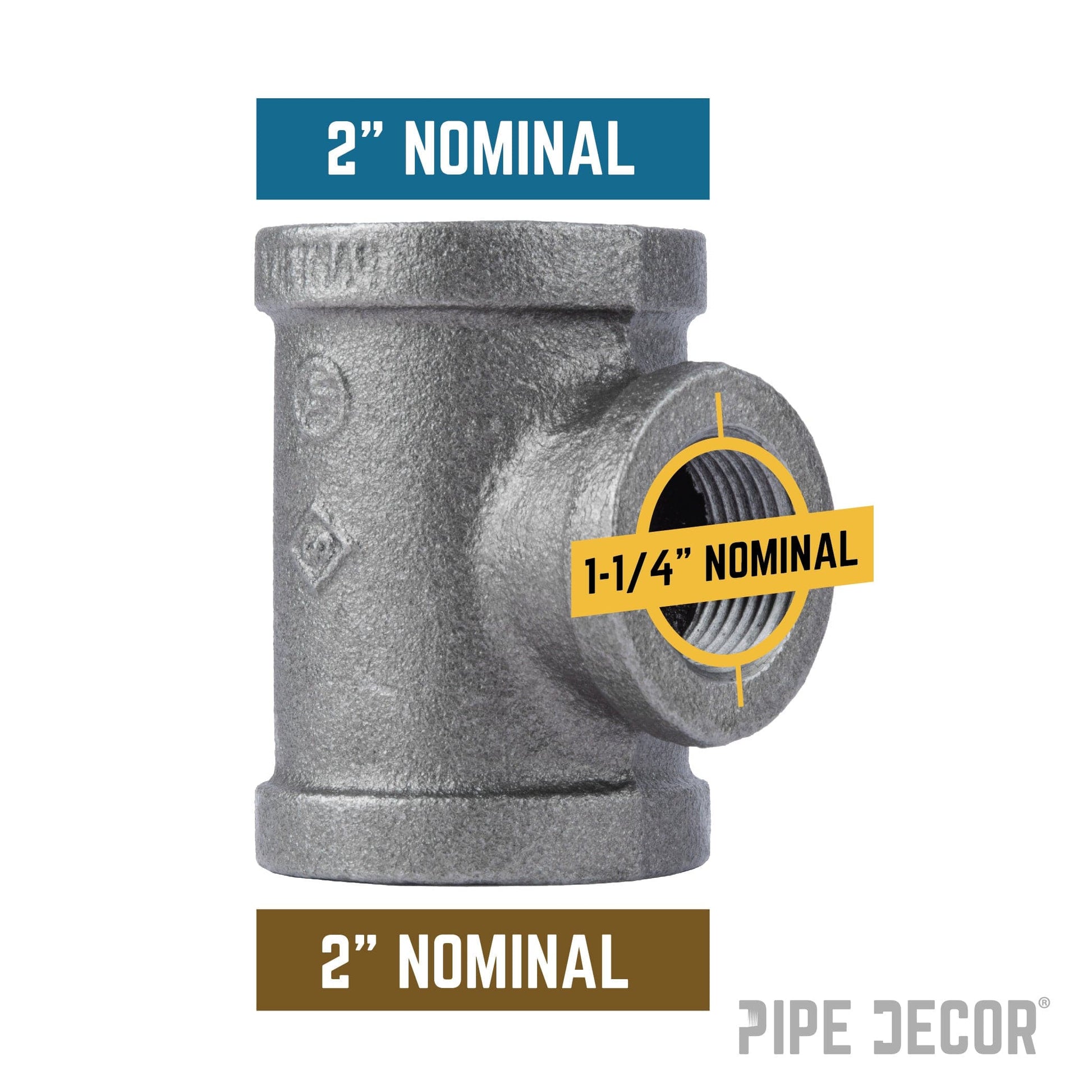 2 in. x 2 in. x 1 1/4 in. Black Reducing Tee PIPE DECOR