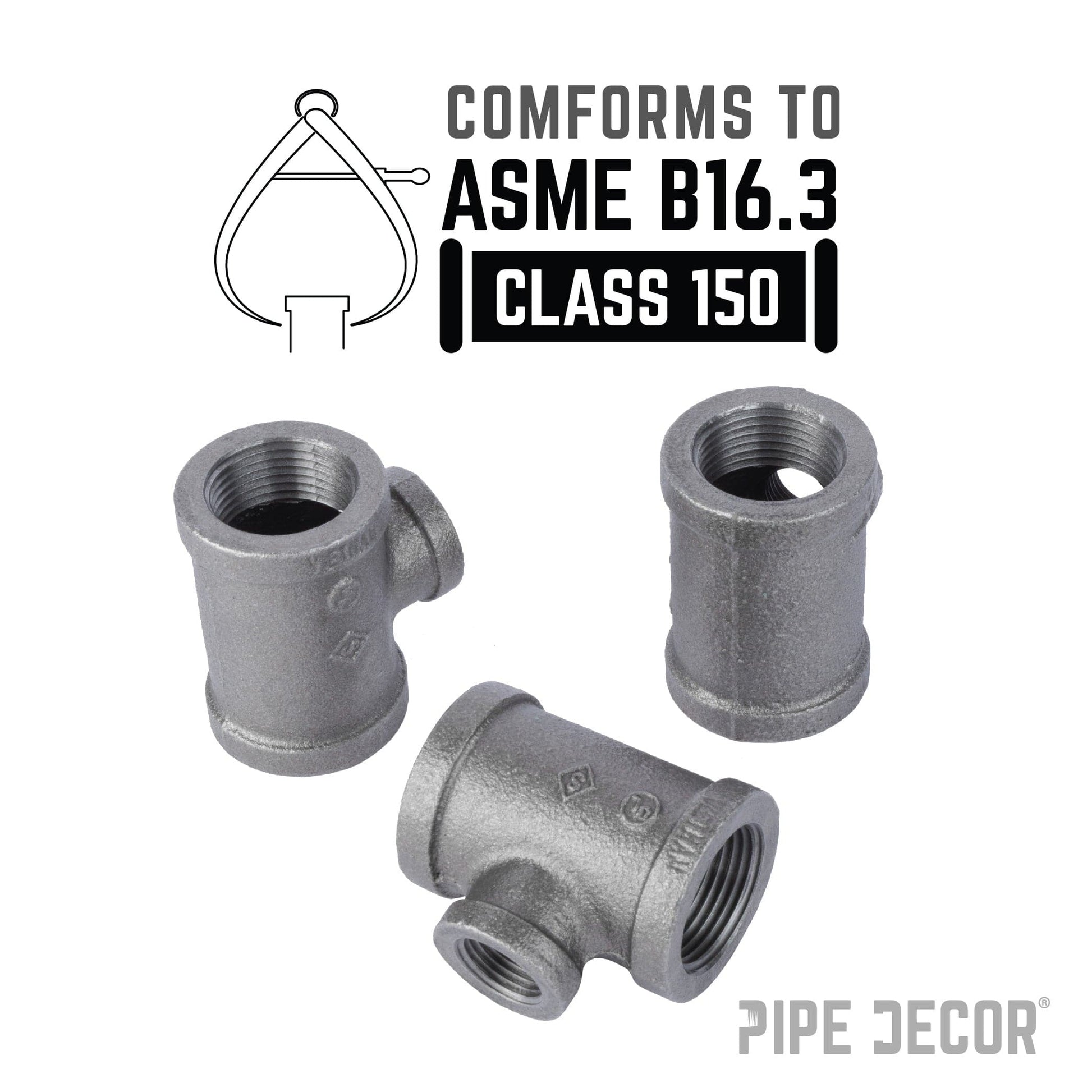 2 in. x 2 in. x 1 1/4 in. Black Reducing Tee PIPE DECOR
