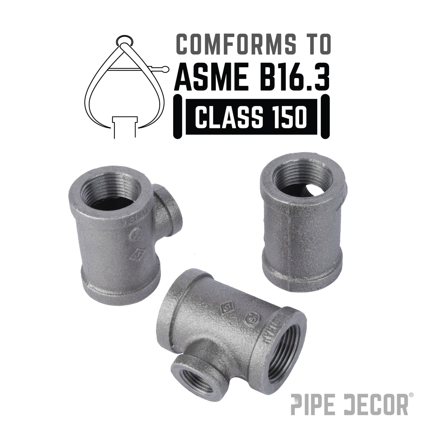 2 in. x 2 in. x 1/2 in. Black Reducing Tee PIPE DECOR